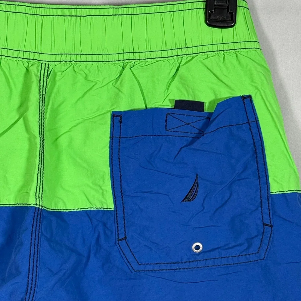 Nautica Mens Colorblock‎ Swim Trunks Green Blue White Logo Mesh Lined Medium